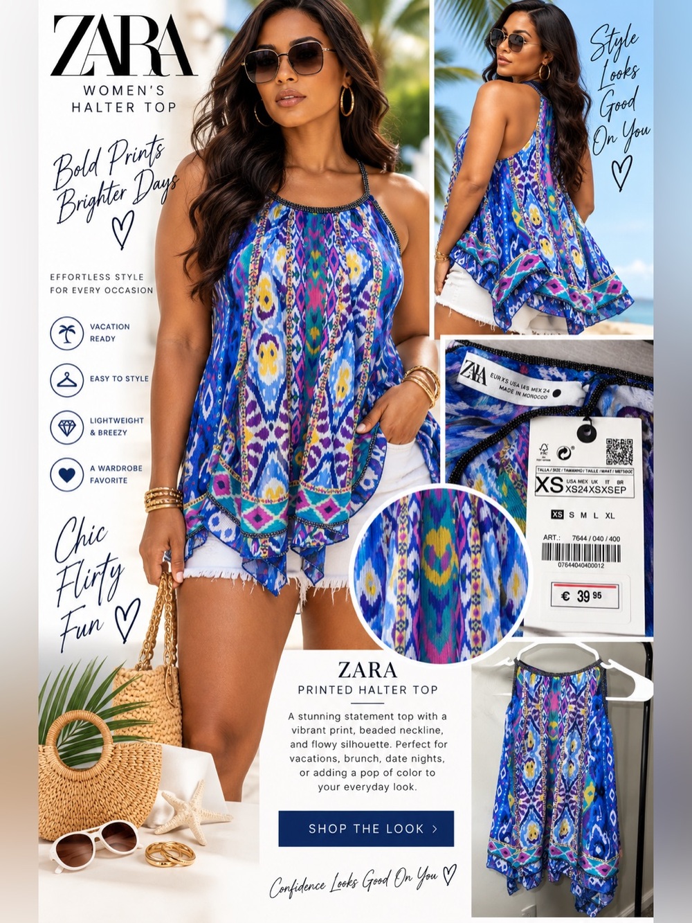 Zara Blue Multi Printed Halter Top size XS